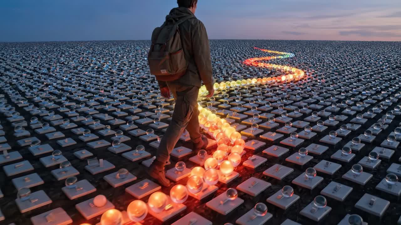Person Walking on a Glowing Path of Light Switches Towards the Horizon