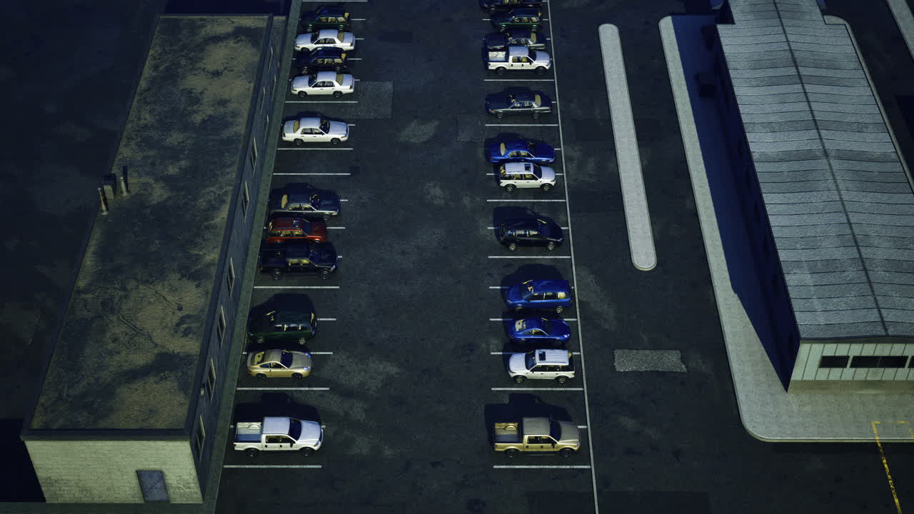 Evening view of a parking lot filled with parked cars