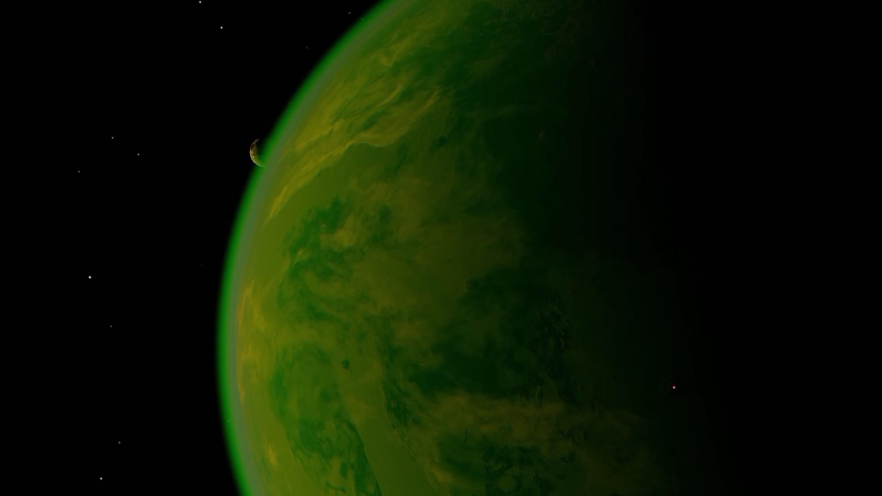 Acercándose al planeta HIP 34588 3 con una atmósfera verde y luces o un volcán en la superficie.