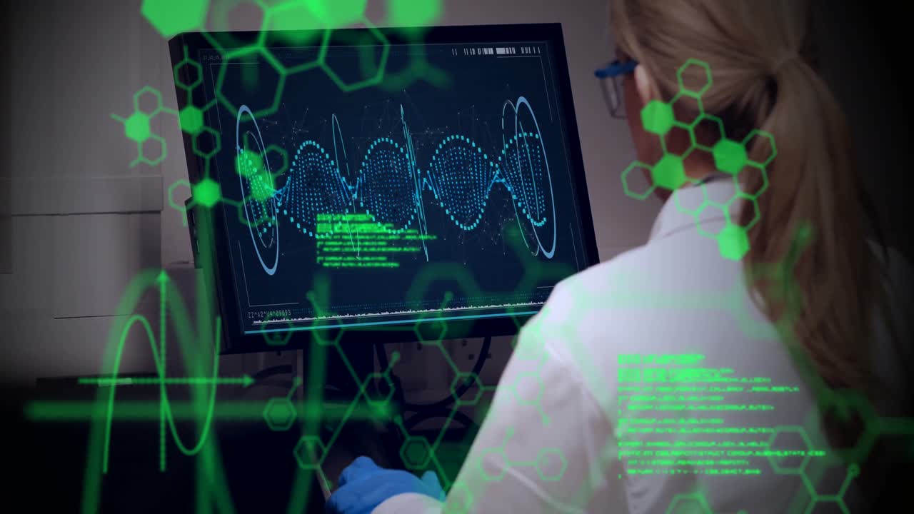animación del lenguaje informático, estructuras moleculares, investigadores caucásicos examinando la hélice de adn
