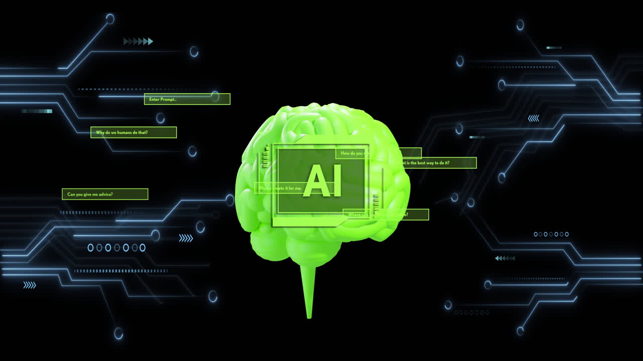 animación de un texto, cerebro humano y procesamiento de datos en una placa de circuitos informáticos