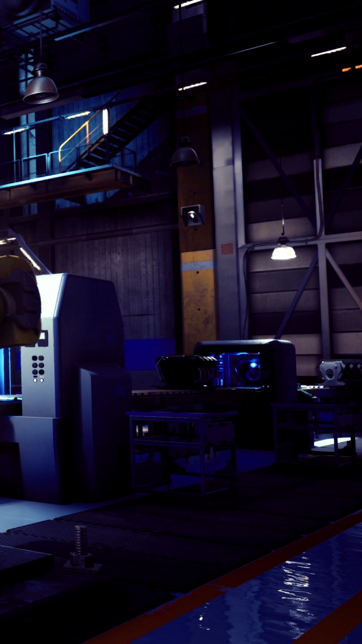 Industrial setting showcases machinery working in a dimly lit factory space