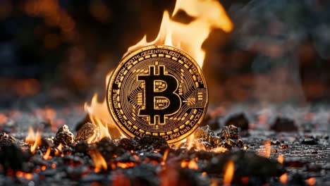 bitcoin coin engulfed in flames and burning embers