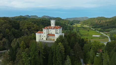 Aerial-View-Of-Trakoscan-Castle-During-Summer-In-Croatia---drone-shot