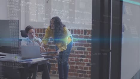 Animation of data processing over caucasian coworkers in office