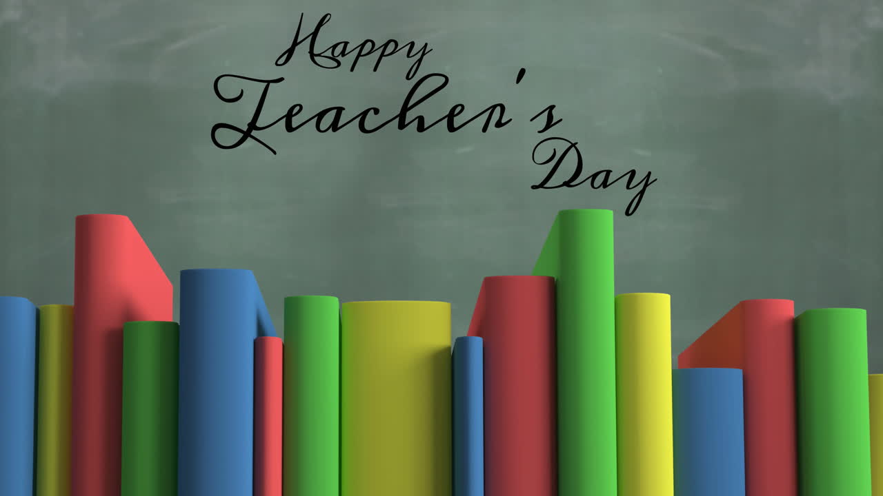 Animação de texto de feliz dia dos professores sobre livros e lousa