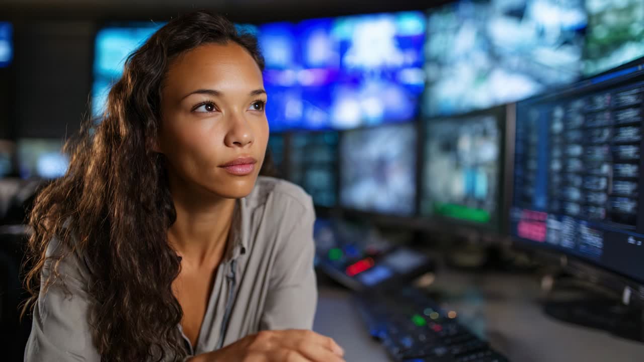 Focused Operator Monitoring Complex Systems Amidst Multiple Screens in an Advanced Control Room Environment, Highlighting the Importance of Vigilance and Precision in Technology Management