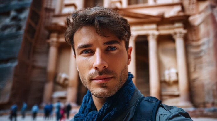 Esplorando le meraviglie antiche: un autoritratto tra la maestosa facciata di Petra con un'architettura complessa e un accenno di avventura nell'aria