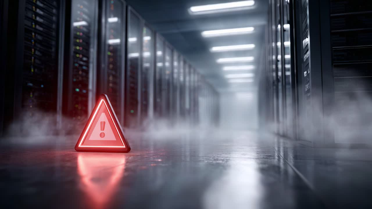 Warning Sign in Data Center: Alert of Potential System Failure or Malfunction in Server Room Highlighted by Red Triangle Symbol Against Dark Background