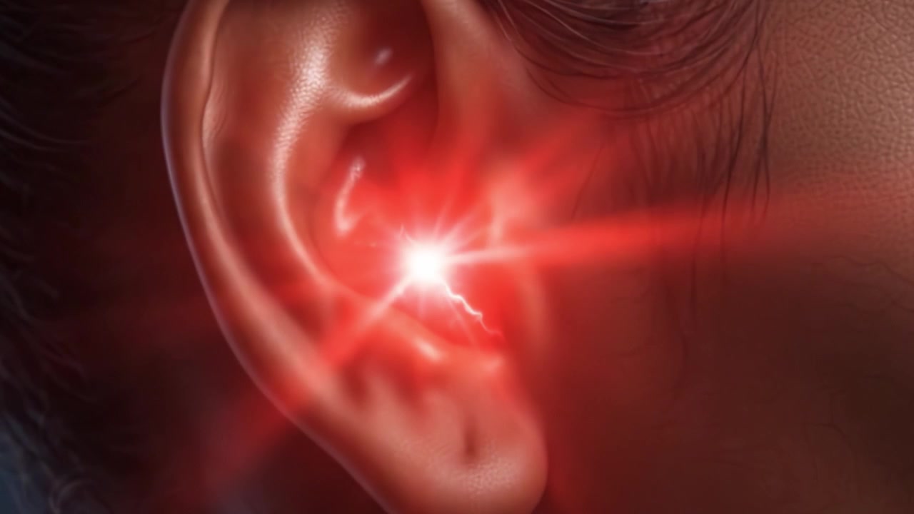 Un'esplorazione ravvicinata dell'orecchio umano: dall'anatomia naturale a una rappresentazione visiva del dolore segnalato da un lampo rosso