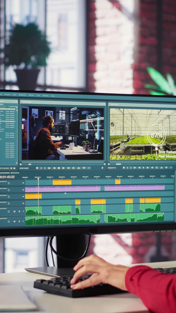 Vertical Video Focused editor woman works on video montage in a creative software