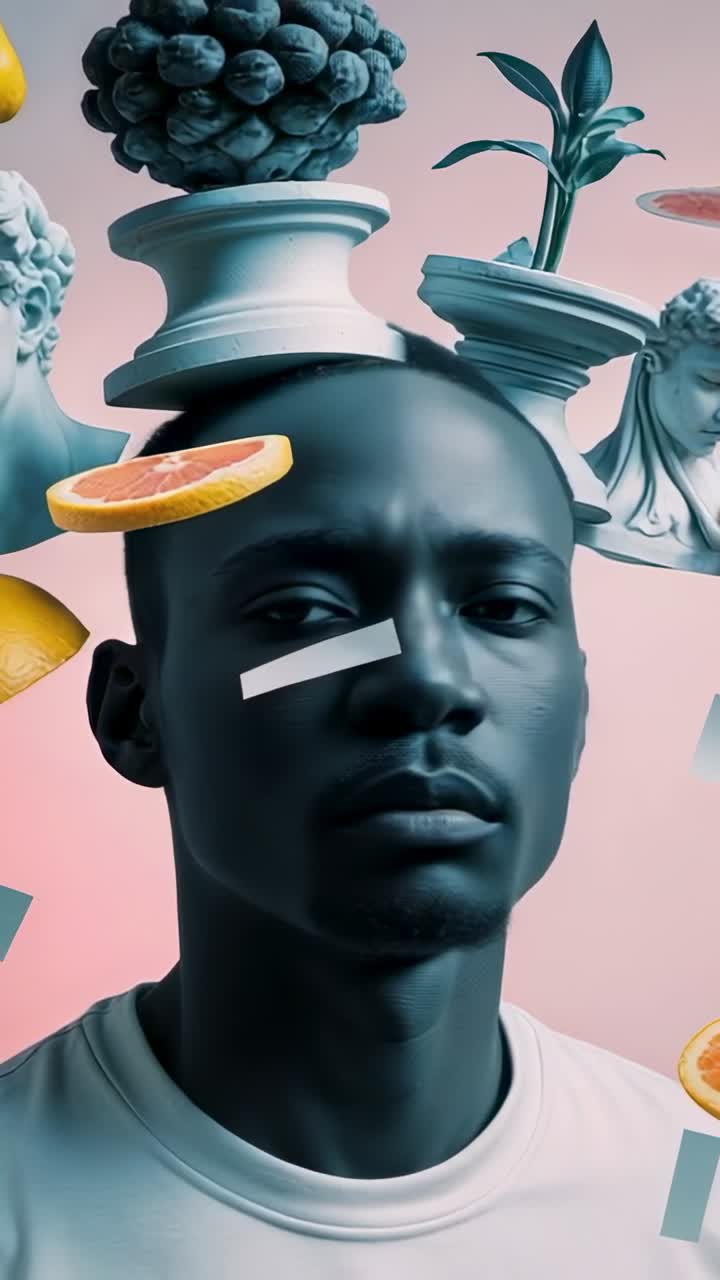 Vertical video: Grapefruit drifting causing model rotating head on pink set with busts and fruit