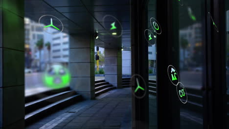 animación de iconos ecológicos con procesamiento de datos sobre el paisaje urbano