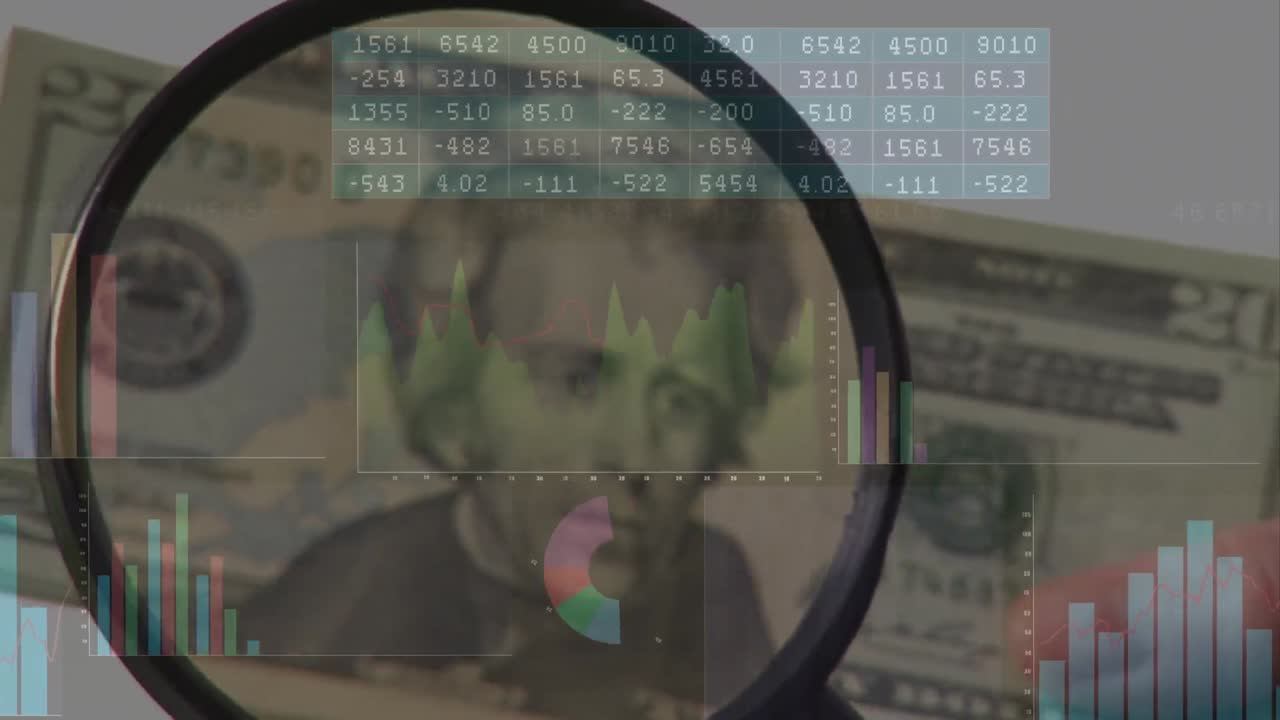 Animation of data processing over reading glass and banknotes