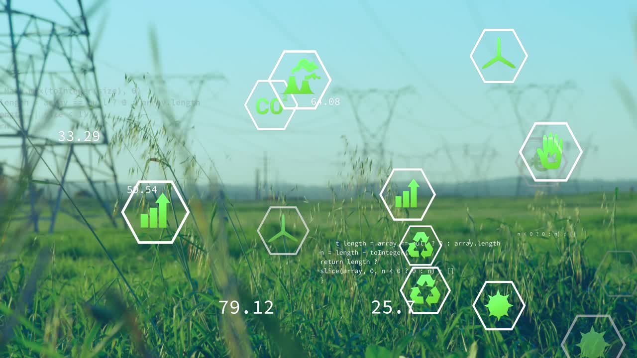 디지털 아이콘의 애니메이션과 전력 라인과 필드를 통해 데이터 처리