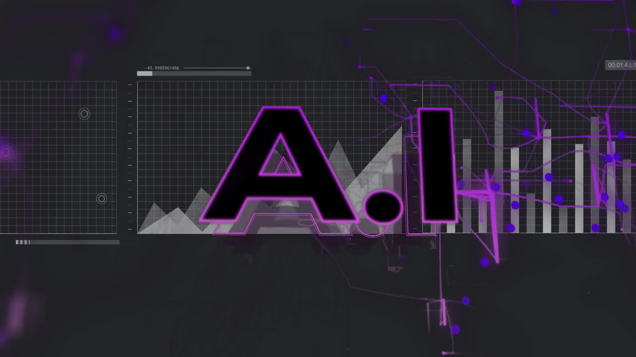 AI text being animated in dark interface, with grid overlays and flowing purple circuit lines