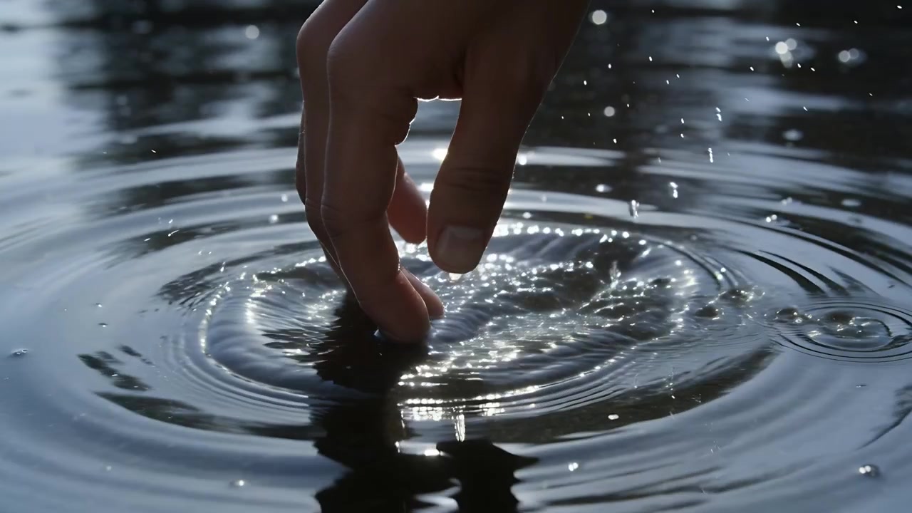 Immergendo una mano nuda dopo aver notato un minuscolo sassolino, creando increspature su uno stagno illuminato dal sole.