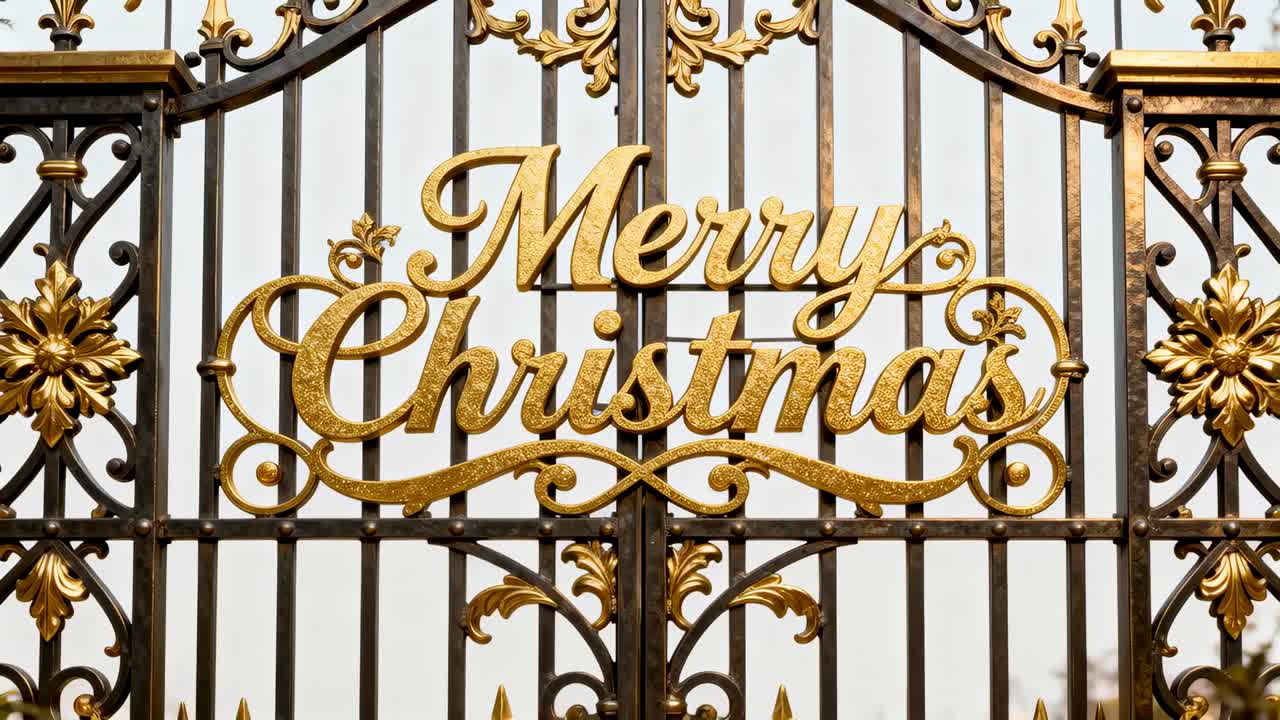 Pushing camera toward ornate wrought-iron gate at entrance, highlighting gold Merry Christmas sign