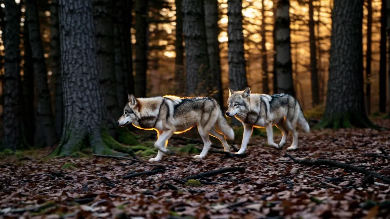 Two wolves walking through a forest at sunset, captured from a low-angle, creating a dramatic