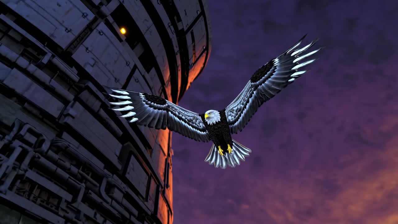 Eagle Soaring Above Futuristic Structure