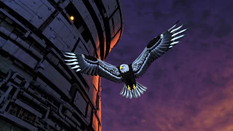eagle soaring above futuristic structure