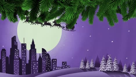 Animation-of-santa-claus-in-sleigh-with-reindeer-moving-over-moon-and-winter-landscape