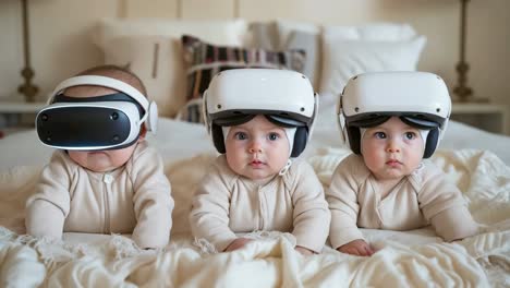 three babies wearing vr headsets on a bed