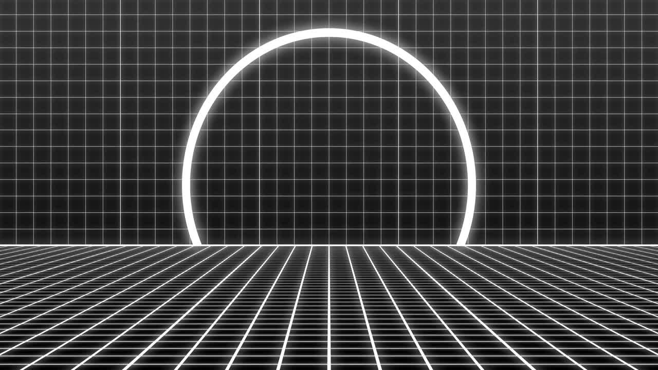 animación de un círculo de neón blanco sobre una cuadrícula blanca en movimiento