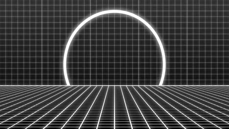 animación de un círculo de neón blanco sobre una cuadrícula blanca en movimiento