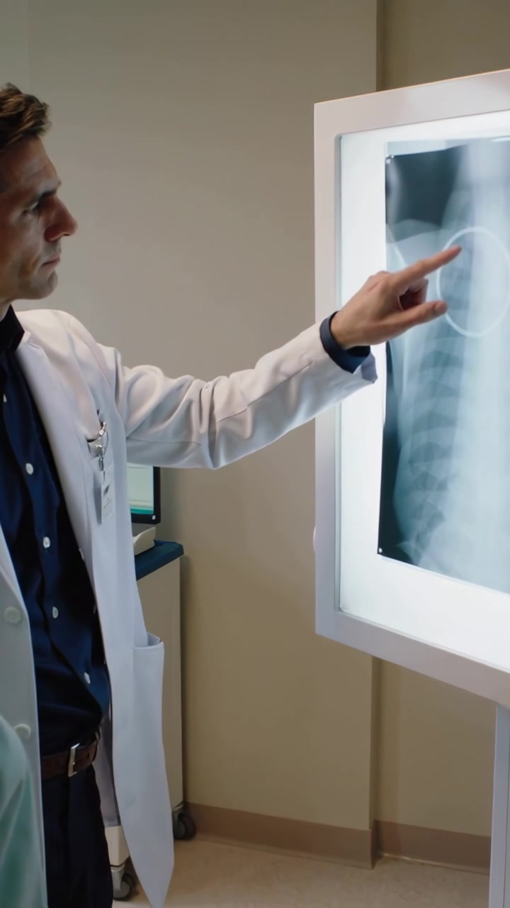 Vertical video: Pointing raising arm, doctor in coat explaining chest film in exam room, copy space