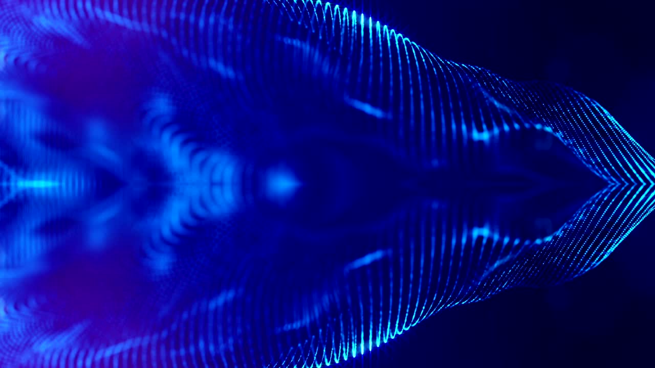 animación 3d sin costuras como fondo de ciencia ficción digital de partículas brillantes como en el mundo nano con profundidad de campo, bokeh. las partículas forman línea, cuadrícula de superficie o misterioso espacio virtual. azul 13
