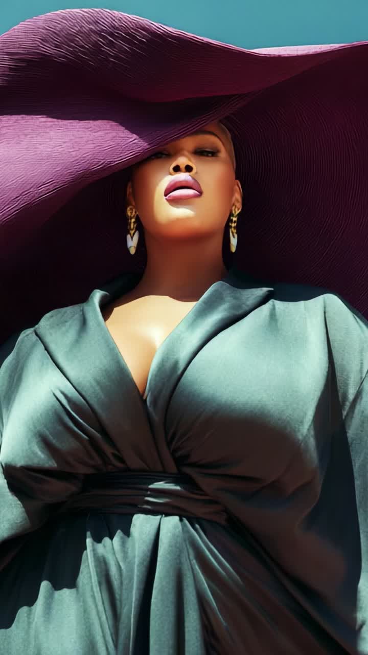 Glamourøst modeportræt med dramatisk hat og elegant beklædning, der viser en fantastisk model under en klar, blå himmel og fremhæver stil og skønhed