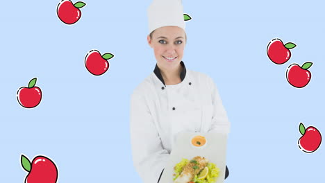animación de una chef caucásica sobre iconos de manzana sobre fondo azul