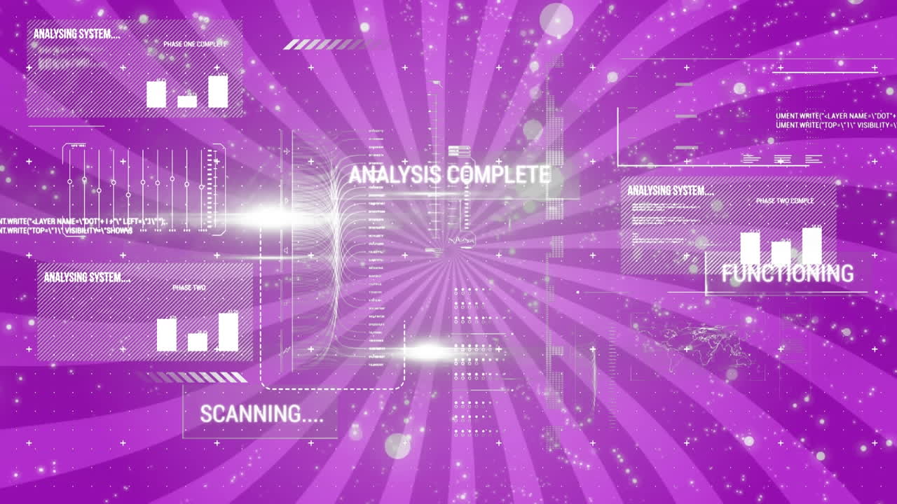 Animation of computing data processing over purple stripes