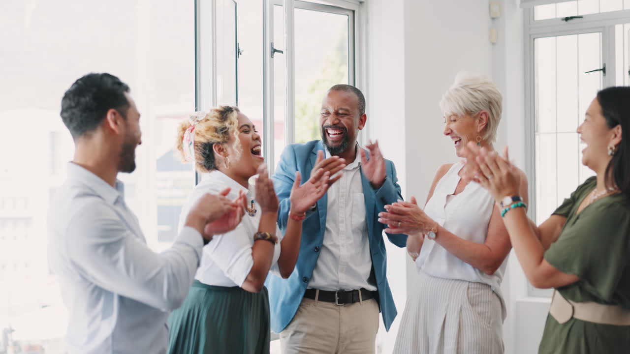 Success smile, high five or business people