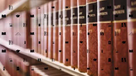 animation of pulsating repeated black school icons floating over old books on library shelf