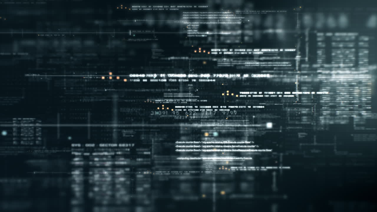 Futuristic abstract de-focus data matrix, meta, metaverse, telemetry and encrypt numbers display with particles simulation in cyber space environment for head up display background