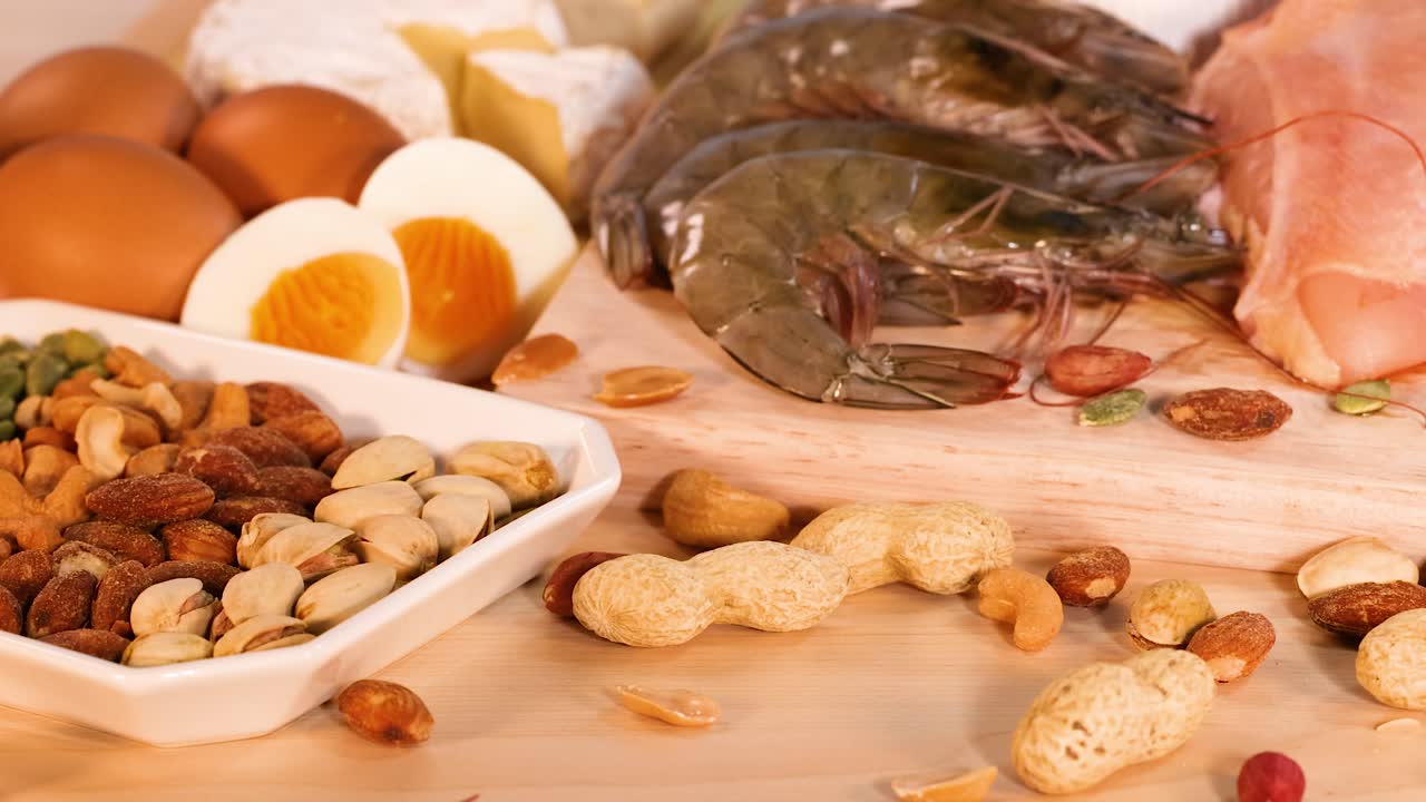 다양한 단백질이 풍부한 음식이 테이블에 전시되어 있습니다.