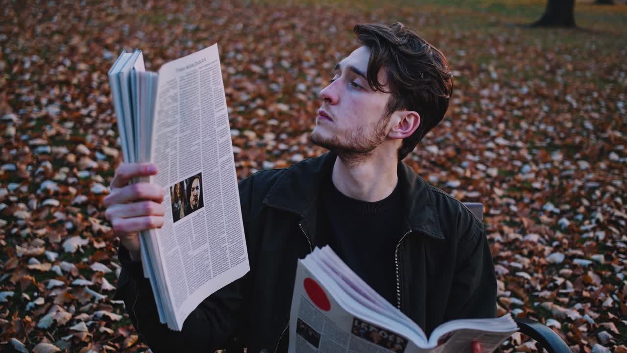 A man reads a newspaper on a park bench surrounded by autumn leaves