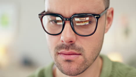 reading, thinking and man closeup in office