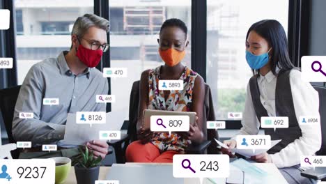 animation of social media icons over diverse business people in face masks
