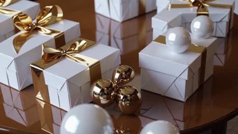 white gift boxes with gold ribbons and ornaments