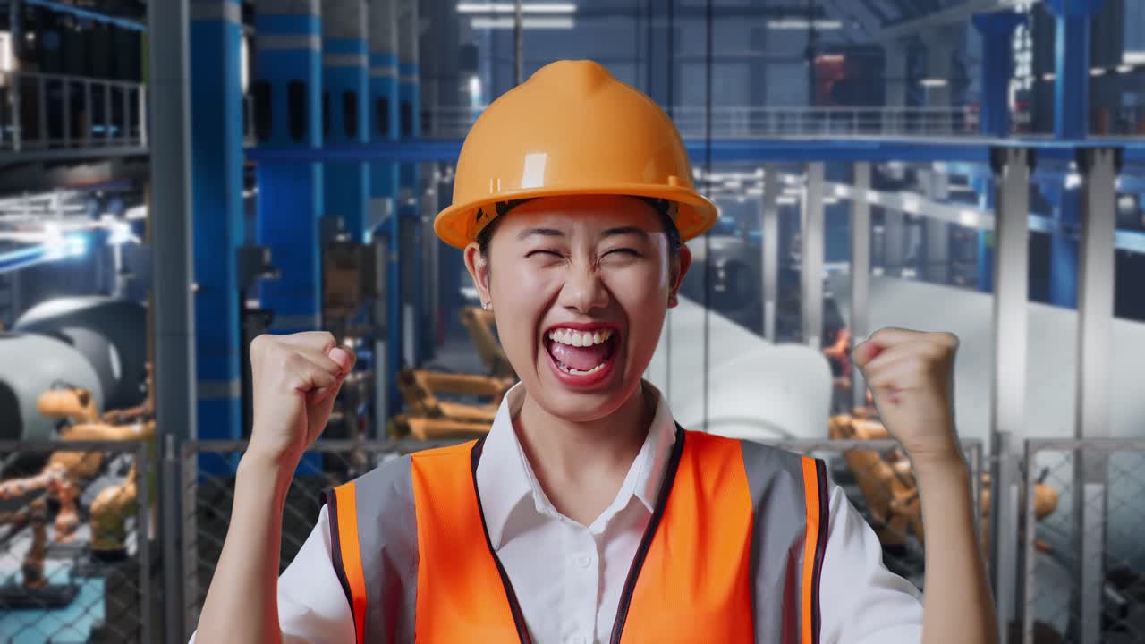 안전 헬을 입은 아시아 여성 엔지니어가 서서 소리 지르며 풍력 터빈 제조 공장에서 일하는 목표를 축하합니다.