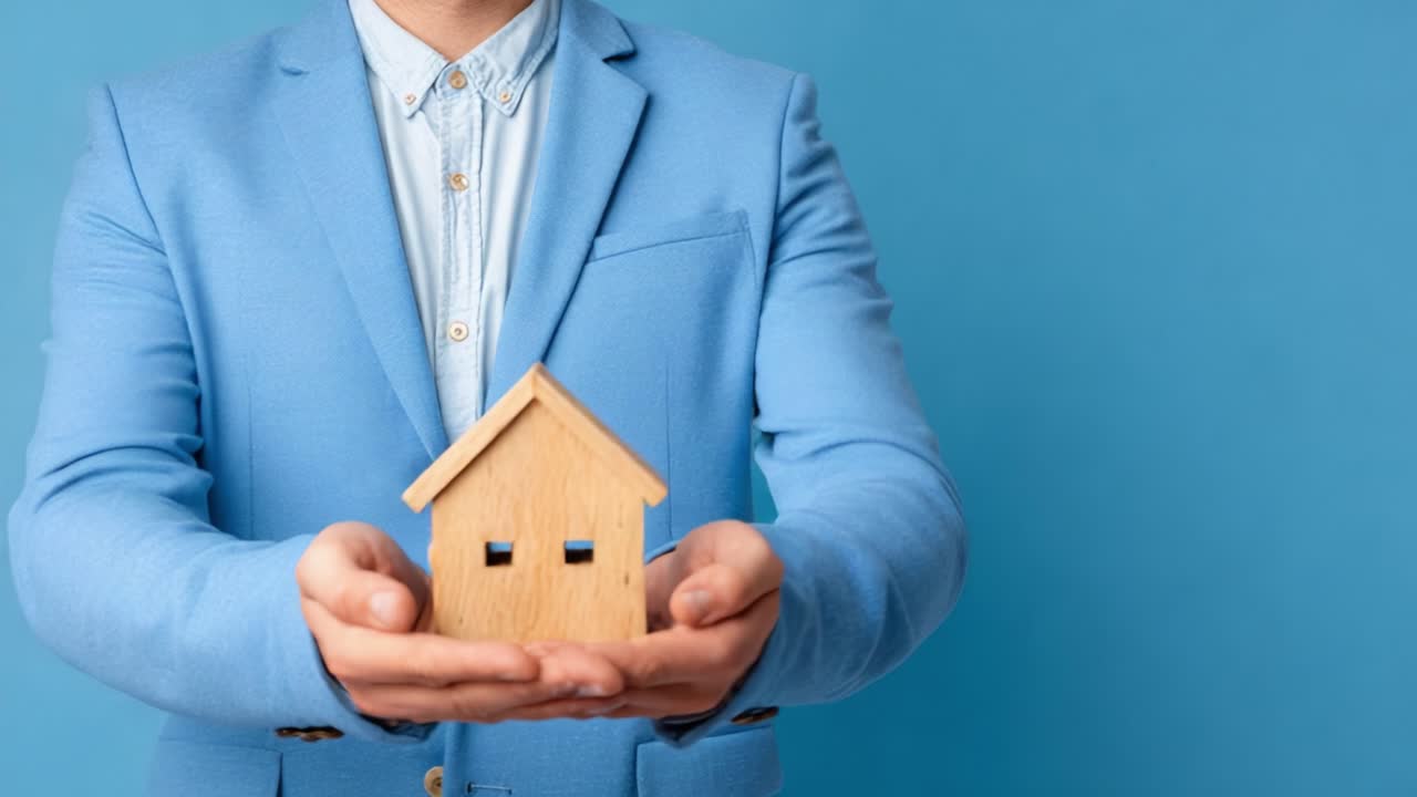 Una persona in abito blu che tiene in mano una piccola casa modello in legno contro uno sfondo azzurro, a simboleggiare la proprietà della casa e le opportunità di investimento immobiliare.