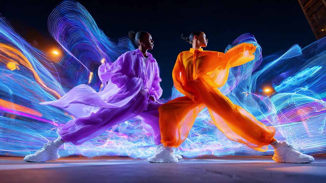 Dynamic Dance Duo in Vibrant Attire Against a Luminous Backdrop of Colorful Light Trails, Capturing the Essence of Movement, Rhythm, and Energy in an Urban Setting