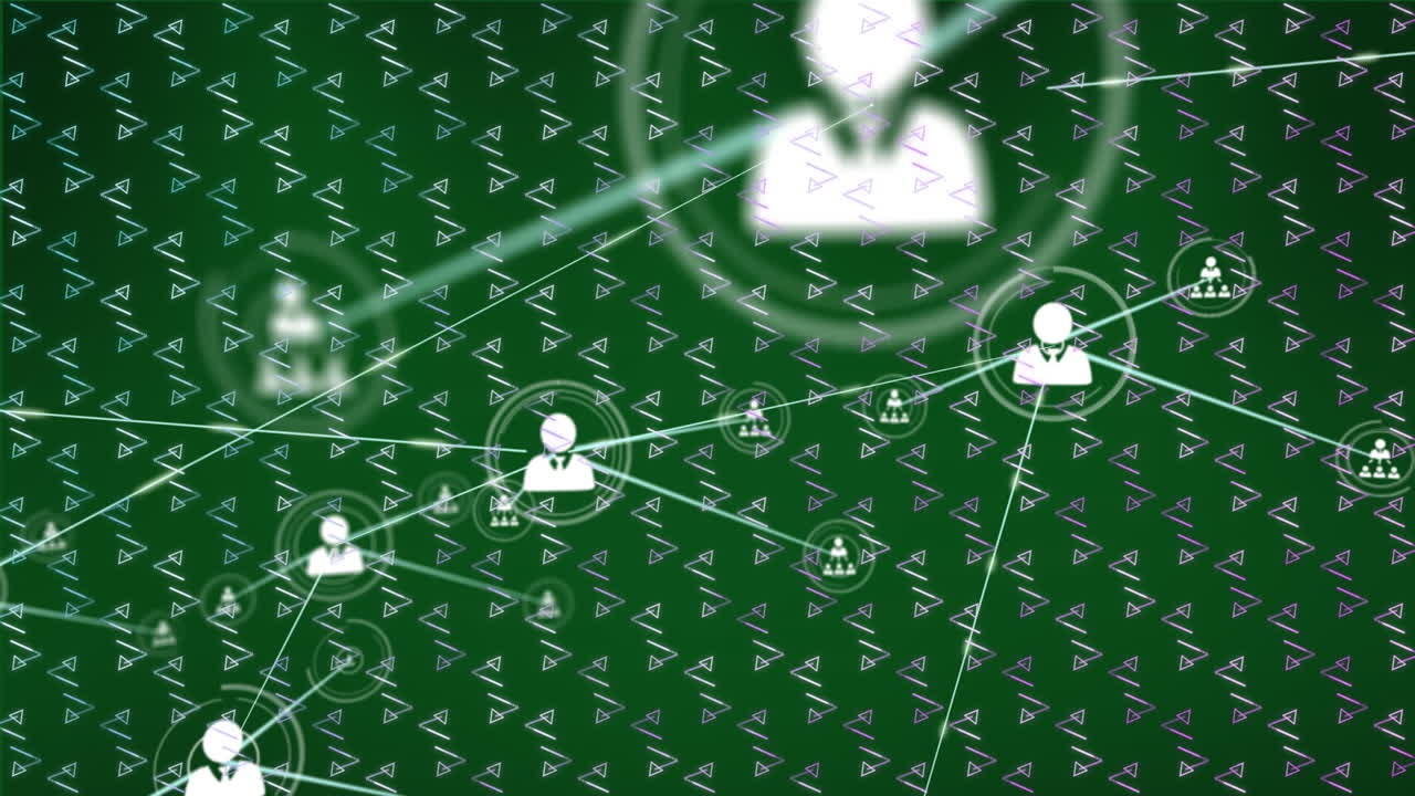 Animation of network of profile icons against abstract pattern design on green background