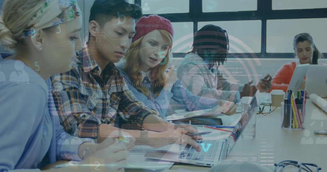 Animation of data processing on digital screen over diverse female and male coworkers
