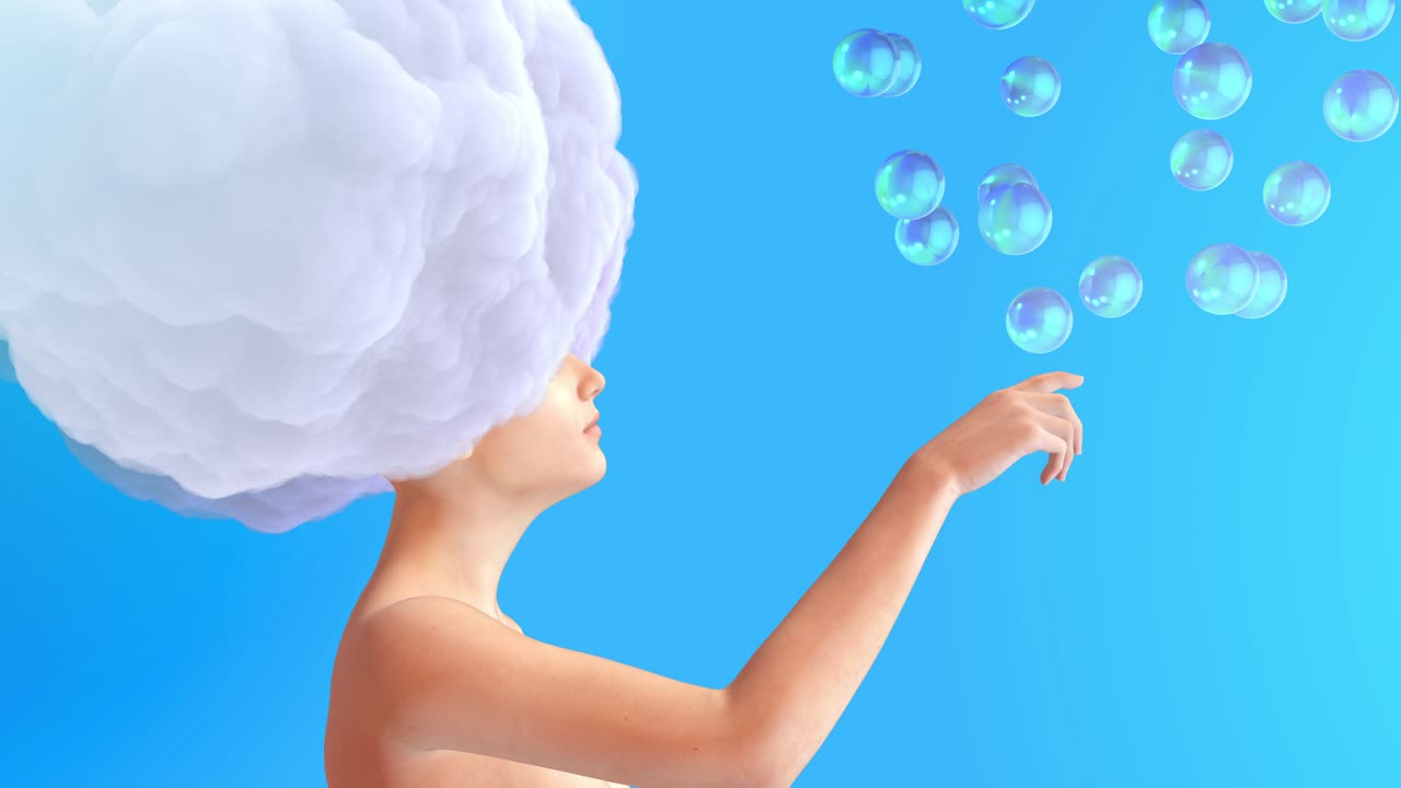 머리에 구름과 날아다니는 구체를 가진 여성의 몸, 창의적인 현대 스 모션 스타일의 현실적인 3d 미술 작곡, 최소한의 추상적인 그래픽 디자인, 패션 루프 애니메이션.
