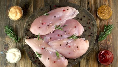 fresh raw chicken breast fillets sprinkled with peppercorns, rosemary, sauces rotates slowly.