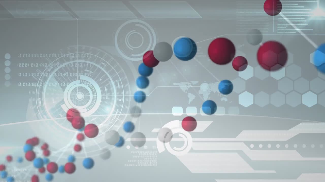 회전하는 3d 모델 dna 가닥의 애니메이션, 회색 인터페이스의 데이터 처리